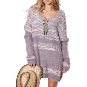 imageCHARTOU Womens Fall Fashion Knit Midi Dress V Neck Front Tie Mixed Stitch Fuzzy Sweater DressPurple