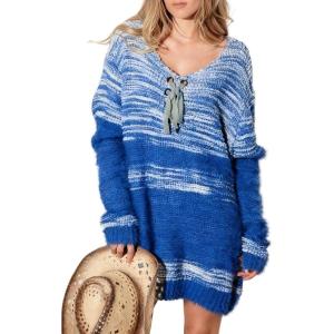 imageCHARTOU Womens Fall Fashion Knit Midi Dress V Neck Front Tie Mixed Stitch Fuzzy Sweater DressRoyal