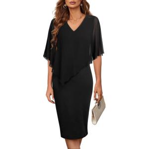 imageCHARTOU Womens Sleeveless Shawl Dress Formal V Neck Chiffon Cape Tank Pencil Bodycon Party Evening DressBlack