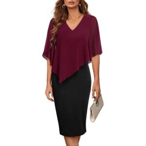 imageCHARTOU Womens Sleeveless Shawl Dress Formal V Neck Chiffon Cape Tank Pencil Bodycon Party Evening DressBurgundy