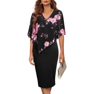 imageCHARTOU Womens Sleeveless Shawl Dress Formal V Neck Chiffon Cape Tank Pencil Bodycon Party Evening DressFloral