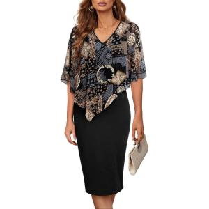 imageCHARTOU Womens Sleeveless Shawl Dress Formal V Neck Chiffon Cape Tank Pencil Bodycon Party Evening DressGeometric