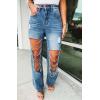 imageCHARTOU Women Ripped Jeans Straight Leg Denim Pants Cut Out Distressed Chain Rhinestone Jeans with Holes Y2kDark Blue