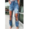 imageCHARTOU Women Ripped Jeans Straight Leg Denim Pants Cut Out Distressed Chain Rhinestone Jeans with Holes Y2kDark Blue
