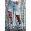 imageCHARTOU Women Ripped Jeans Straight Leg Denim Pants Cut Out Distressed Chain Rhinestone Jeans with Holes Y2kLight Blue