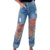 imageCHARTOU Women Ripped Jeans Straight Leg Denim Pants Cut Out Distressed Chain Rhinestone Jeans with Holes Y2kDark Blue