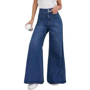 imageCHARTOU Wide Leg Jeans for Women Stretchy High Waisted Loose Casual Flare Denim PantsBlue