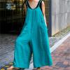 imageCHARTOU Women Linen Jumpsuit Baggy Wide Leg Long Romper Pants Summer Casual OverallsBlue