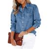 imageCHARTOU Puff Sleeve Denim Shirt for Women Snap Button Down Long Sleeve Jean Blouse TopsLight Blue