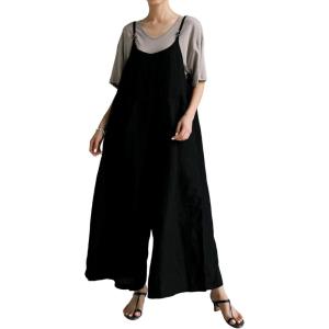 imageCHARTOU Women Linen Jumpsuit Baggy Wide Leg Long Romper Pants Summer Casual OverallsBlack