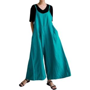 imageCHARTOU Women Linen Jumpsuit Baggy Wide Leg Long Romper Pants Summer Casual OverallsBlue