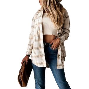 imageCHARTOU Womens Classic Loose Wool Blend Long Sleeve Plaid Button Down ShirtBeige