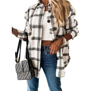 imageCHARTOU Womens Classic Loose Wool Blend Long Sleeve Plaid Button Down ShirtBlack