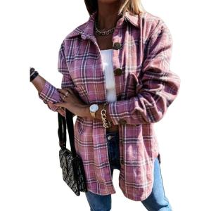 imageCHARTOU Womens Classic Loose Wool Blend Long Sleeve Plaid Button Down ShirtPink