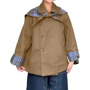 imageCHARTOU Womens Short Trench Coats Fall Notch Collar Plaid Reversible Oversized Jacket with PocketsKhaki