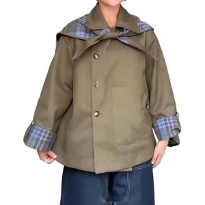imageCHARTOU Womens Short Trench Coats Fall Notch Collar Plaid Reversible Oversized Jacket with PocketsOlive