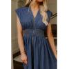 imageCHARTOU Women Cap Sleeve Mid Long Denim Dress Jean Smocked High Waist Zip Up Summer DressDark Blue