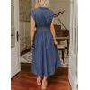 imageCHARTOU Women Cap Sleeve Mid Long Denim Dress Jean Smocked High Waist Zip Up Summer DressDark Blue