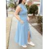 imageCHARTOU Women Cap Sleeve Mid Long Denim Dress Jean Smocked High Waist Zip Up Summer DressLight Blue