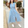 imageCHARTOU Women Cap Sleeve Mid Long Denim Dress Jean Smocked High Waist Zip Up Summer DressLight Blue