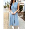 imageCHARTOU Women Cap Sleeve Mid Long Denim Dress Jean Smocked High Waist Zip Up Summer DressLight Blue