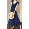 imageCHARTOU Women Elegant Polka Dot Long Dress Lace Patchwork V Neck Summer Causal DressNavy