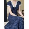 imageCHARTOU Women Elegant Polka Dot Long Dress Lace Patchwork V Neck Summer Causal DressNavy