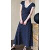 imageCHARTOU Women Elegant Polka Dot Long Dress Lace Patchwork V Neck Summer Causal DressNavy
