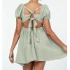 imageCHARTOU Women Summer Back Bow Tie Mini Dress Square Neck Puff Short Sleeve High Waist A Line DressGreen