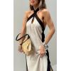 imageCHARTOU Women Summer Halter Neck Cotton Linen Contrast Color Open Back Side Slit Maxi DressApricot