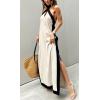 imageCHARTOU Women Summer Halter Neck Cotton Linen Contrast Color Open Back Side Slit Maxi DressApricot