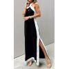 imageCHARTOU Women Summer Halter Neck Cotton Linen Contrast Color Open Back Side Slit Maxi DressBlack
