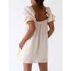 imageCHARTOU Women Summer Puff Sleeve Bow Tie Square Neck Lace Patchwork Mini DressApricot