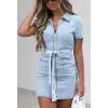 imageCHARTOU Womens Casual High Waist Belt Front Zipper Short Sleeve Slim Fit Mini Denim DressLight Blue