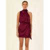 imageCHARTOU Womens Cocktail Party Mock Neck Keyhole Sleeveless High Waist Wrap Bodycon Satin Mini DressBurgundy