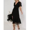 imageCHARTOU Womens Lace Floral Midi Dress Button Down Puff Sleeve Flowy Pleat Tiered Elegant Lined DressBlack