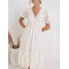 imageCHARTOU Womens Lace Floral Midi Dress Button Down Puff Sleeve Flowy Pleat Tiered Elegant Lined DressWhite