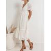 imageCHARTOU Womens Lace Floral Midi Dress Button Down Puff Sleeve Flowy Pleat Tiered Elegant Lined DressWhite