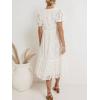 imageCHARTOU Womens Lace Floral Midi Dress Button Down Puff Sleeve Flowy Pleat Tiered Elegant Lined DressWhite