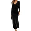 imageCHARTOU Women Bodycon Maxi Velvet Dress Long Sleeve Formal Dress Cocktail Wedding Quest Dress Wrap Evening GownBlack