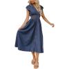 imageCHARTOU Women Cap Sleeve Mid Long Denim Dress Jean Smocked High Waist Zip Up Summer DressDark Blue