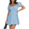 imageCHARTOU Women Summer Back Bow Tie Mini Dress Square Neck Puff Short Sleeve High Waist A Line DressBlue