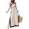 imageCHARTOU Women Summer Halter Neck Cotton Linen Contrast Color Open Back Side Slit Maxi DressApricot