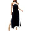imageCHARTOU Women Summer Halter Neck Cotton Linen Contrast Color Open Back Side Slit Maxi DressBlack