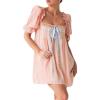 imageCHARTOU Women Summer Puff Sleeve Bow Tie Square Neck Lace Patchwork Mini DressPink