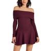 imageCHARTOU Womens Off Shoulder Sweater Dress Fall Ribbed Knit Ruffle Cropped Dress Long Sleeve Open Back DressBurgundy