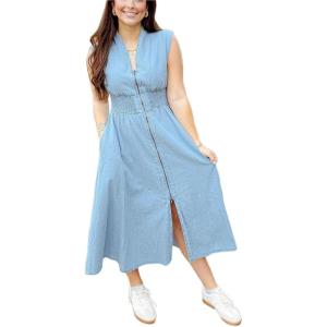 imageCHARTOU Women Cap Sleeve Mid Long Denim Dress Jean Smocked High Waist Zip Up Summer DressLight Blue