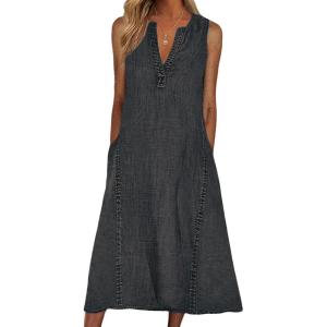 imageCHARTOU Women Casual Sleeveless Denim Midi Dress A Line SummerBlack