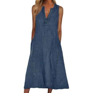 imageCHARTOU Women Casual Sleeveless Denim Midi Dress A Line SummerDark Blue