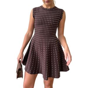 imageCHARTOU Women Elegant Crew Neck Sleeveless Knit Dress Summer Vertical Polka Dot Ice Silk ALine DressBrown